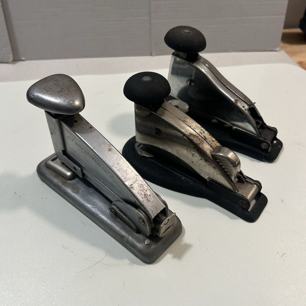 Vintage Metal Desk Stapler Lot of 3: Scout Model 202 & Two Champion Staplers USA